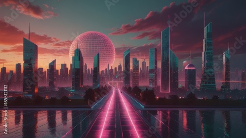 Twilight Vaporwave Pastelpunk Cityscape with Neon Pink and Mint Grid Roads in Retro Futuristic Glow