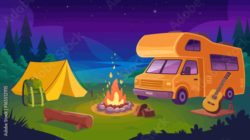 Nighttime Camping Adventure Featuring RV Tent Bonfire and Guitar Under a Starry Sky Illustration of Outdoor Recreational Vehicle Parked Near a Forest
