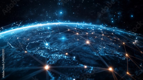 A global digital network spanning the entire planet, with luminous blue streams of light representing connections and the flow of information