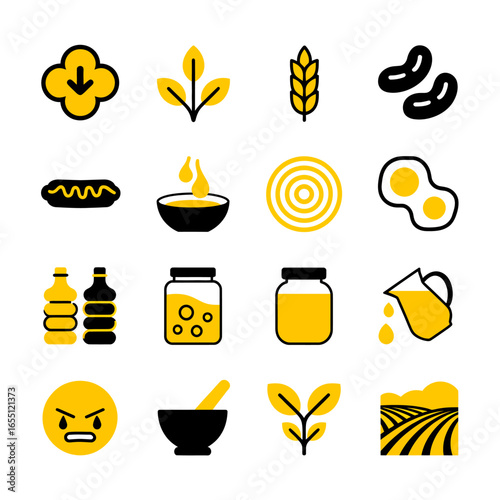 Vector Icons Agriculture, Food, and Farming Elements in Yellow and Black - Food Production Cycle 