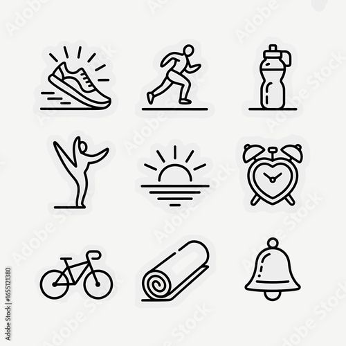 Line Art Wellness Icons Running Shoe, Runner, Water Bottle, Yoga, Sunrise, Clock, Bicycle, Mat, and Bell