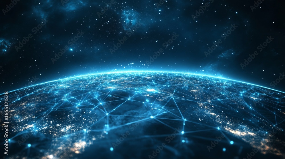 Fototapeta premium A global digital network spanning the entire planet, with luminous blue streams of light representing connections and the flow of information