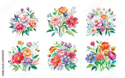 Six Vibrant Watercolor Flower Bouquets Floral Designs Nature Art