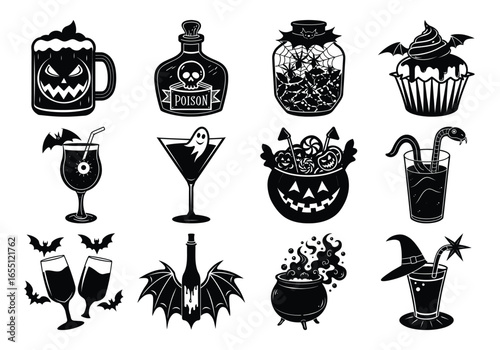 Collection of spooky halloween drinks and treats, including cocktails, potions, and cupcakes, isolated on a white background