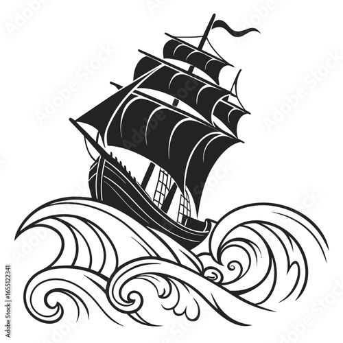 Ship sailing in storm silhouette