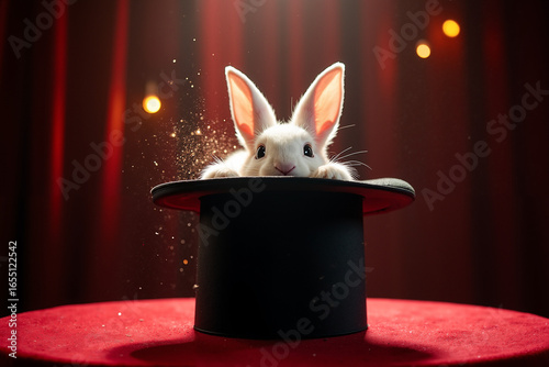 White rabbit emerging from black magician's hat on red stage  