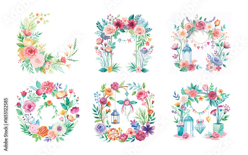 Watercolor floral arrangements wreaths arches bouquets wedding decorations