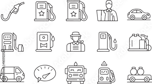 A series of icons related to fuel stations, including fuel pumps, cars, gas stations, and workers, ideal for illustrating the fuel and automotive industry.