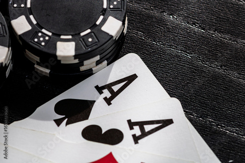Casino chips and cards on the table. Gambling concept