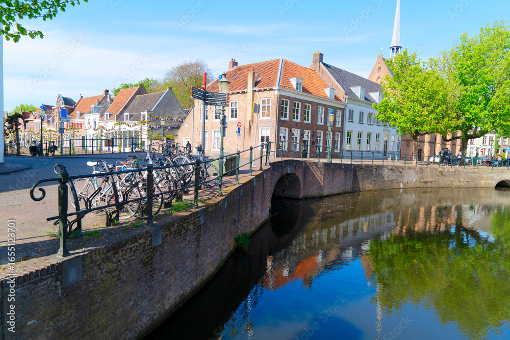 Obraz premium Facades of old historic Houses and trees over canal water, Amersfoort, Netherlands