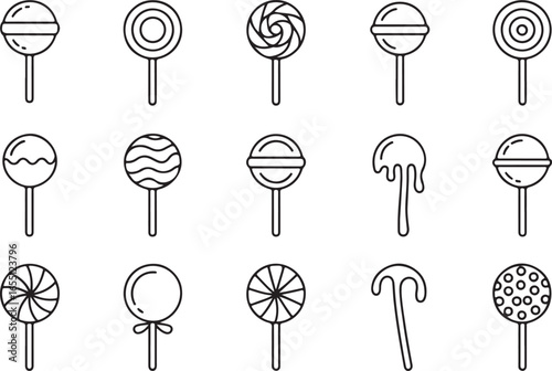A set of lollipop icons in different styles, including swirls and drips, perfect for representing sweets, candy, and fun treats in food and children's illustrations.