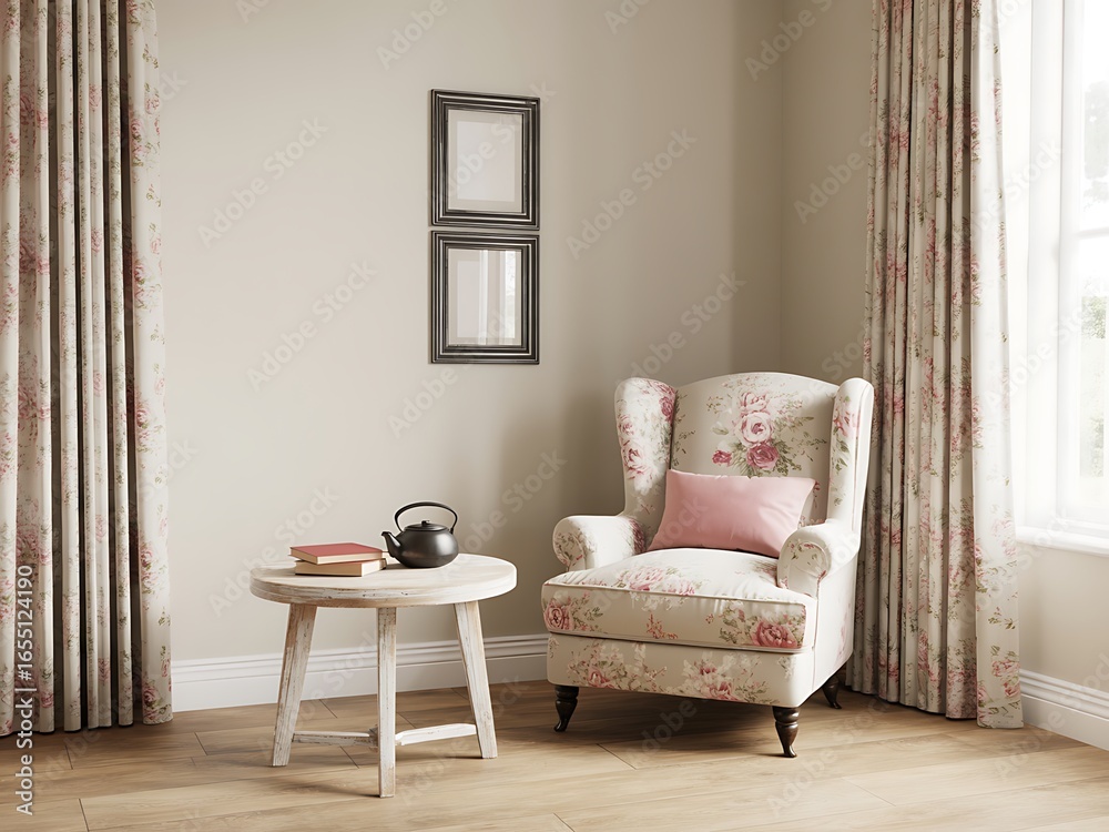 Obraz premium Cozy cottage style living room with floral armchair pink pillow tea set and framed art