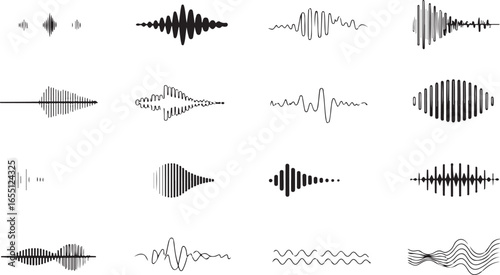 Minimalist line art icons of sound waves in different forms, perfect for illustrating music, sound design, and digital audio concepts.