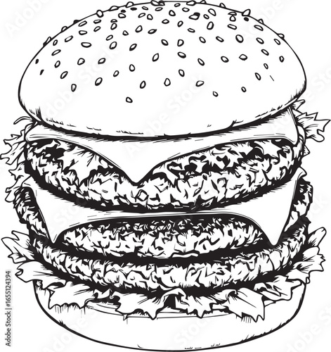 Black and white sketch of a double cheeseburger with sesame bun, layered patties, cheese, and lettuce—bold and appetizing