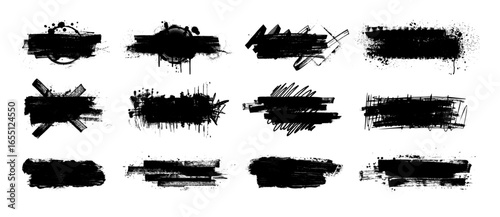 Bold black brush strokes with splatters, scribble texture, spray paint, grunge style. Dried stencil smear, ink stains with paint drips and dirty scribbles for logo, text. Vector grunge graphic set