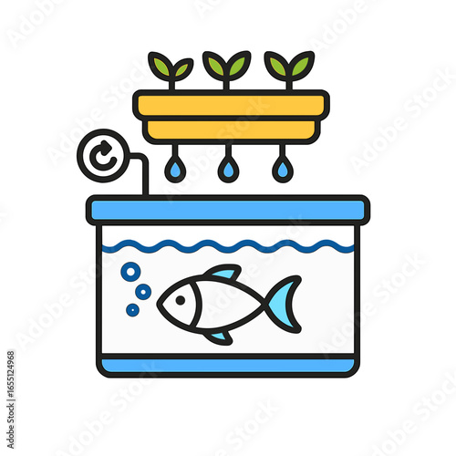 Aquaponics system with fish swimming below planted seedlings  