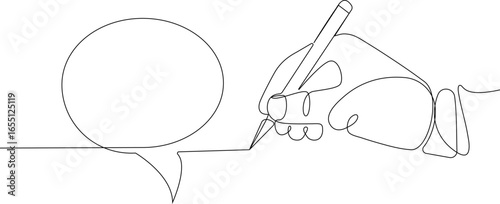 vector illustration of a speech bubble and a human hand holding a pen or pencil, drawn in a continuous line minimalist style. Ideal for communication, writing, and creative design concepts.