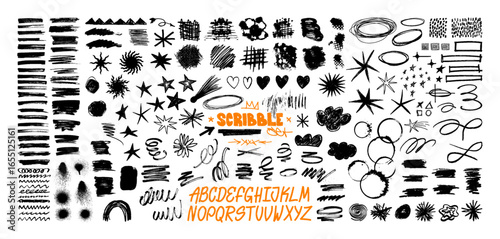 School drawings, children's scribbles, sloppy drawings on a school board. Graphic set sketch, doodles: arrows, circles, brush strokes, stars drawn with a pencil, chalk. Vector set of scribbles
