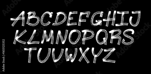 Capital letters alphabet drawn in chalk with scribble texture, isolated white letters on black background. Vector alphabet, with grunge font, letters drawn in chalk, bold letters, italic. Vector font