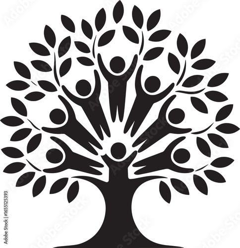 Community Tree with People Silhouette Icon Representing Unity and Collaboration Vector