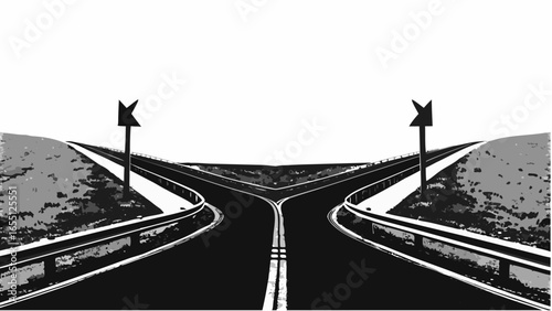 A black and white illustration of a road splitting into two with arrow signs on each side of the road ahead silhouette