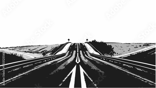 A black and white road stretches into the distance with signs and foliage on either side of the highway view silhouette