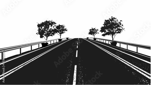 A black and white illustration of a road leading to the horizon with trees on the sides and railings silhouette