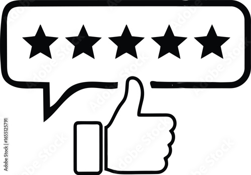 Handdrawn thumbsup gesture with a fivestar rating inside a speech bubble icon.