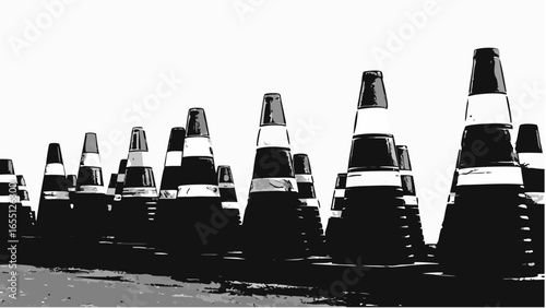 A monochrome illustration showing a dense collection of conical objects arranged in a repetitive pattern view silhouette