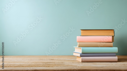 Stacked colorful books on wooden table against a soft pastel background