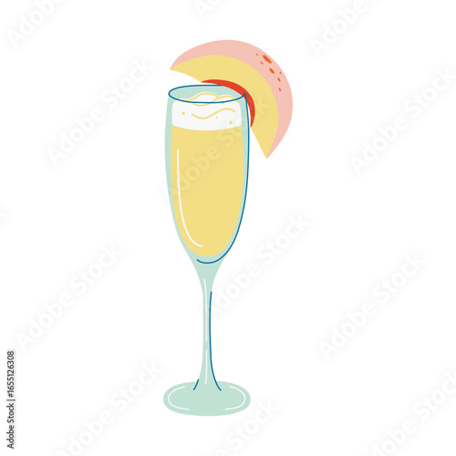 Sweet Bellini Cocktail with peach slice. Tasty Summer drink. Glass with refreshing beverage. Alcohol drink made from prosecco and peach puree. Hand drawn flat design vector illustration.
