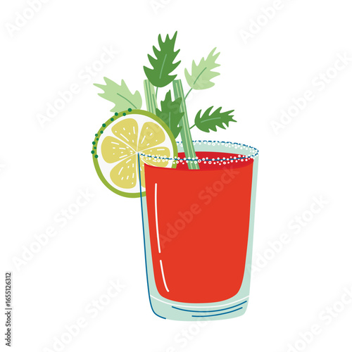 Bloody Mary Cocktail. Glass with beverage, lime wheel, celery stalk. Savory alcohol drink made from vodka and tomato juice. Hand drawn flat design vector illustration.

