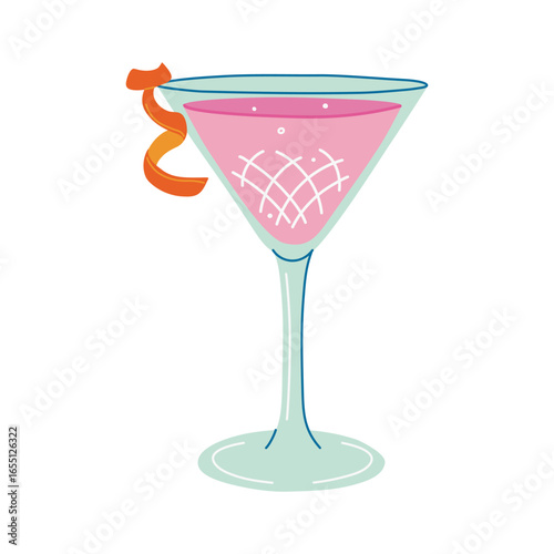 Refreshing Cosmopolitan Cocktail with orange zest. Glass with delicious beverage. Alcohol drink made from vodka and cranberry juice. Hand drawn flat design vector illustration.
