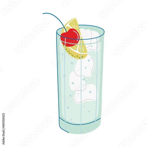 Refreshing Tom Collins Cocktail. Glass with delicious beverage. Alcohol drink made from gin and lemon juice. Hand drawn flat design vector illustration. 
