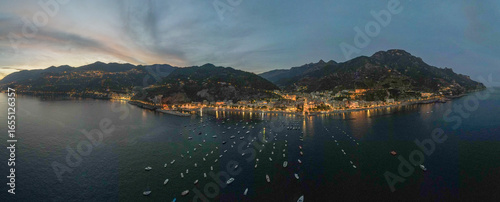 Aerial landscape of Amalfi Coast village Maiori Mediterranean Sea summer sunset in Campania