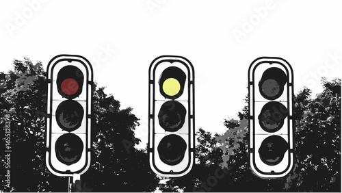 Three traffic lights showing red yellow and dark respectively with trees in the background outdoors silhouette