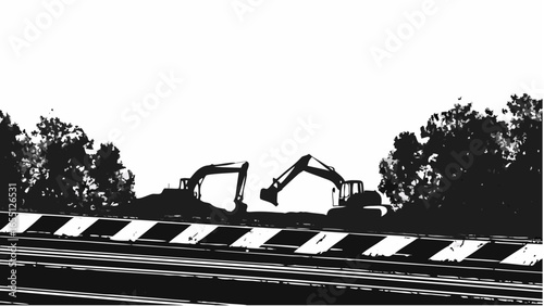 Silhouetted excavators at a construction site with striped barrier and trees in the background landscape view
