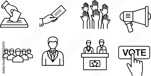 Voting Process Icons Ballot Box Hands and Megaphone.
