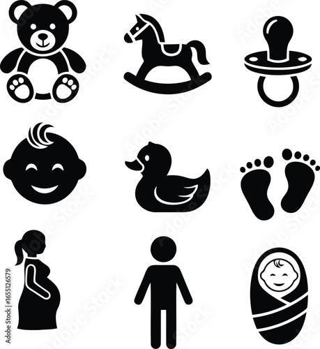 A collection of black silhouette icons representing babies pregnancy and childhood.
