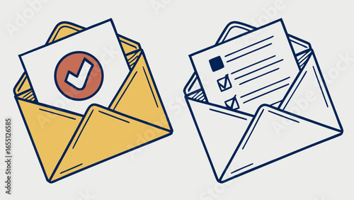 two open envelopes with checkmark document and letter icons email communication illustration