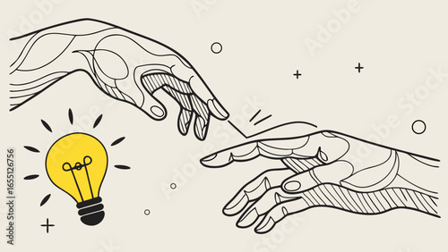 two hands reaching toward lightbulb idea inspiration creation of adam style illustration