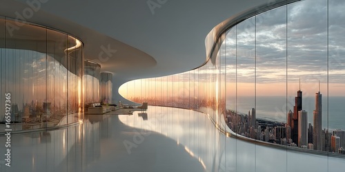 Panoramic view from a luxurious modern high-rise building with curved glass windows overlooking Dubai city skyline at sunset
