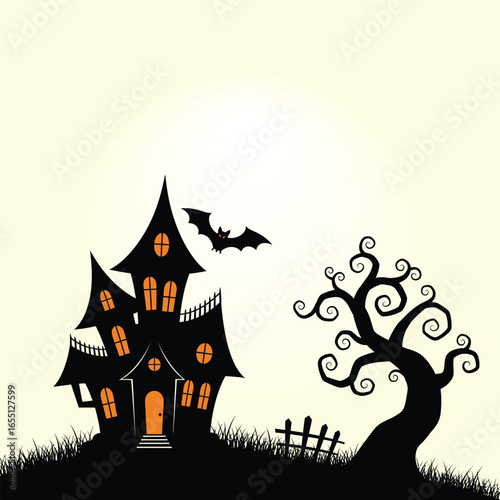 Spooky haunted house with bat and dead tree under full moon