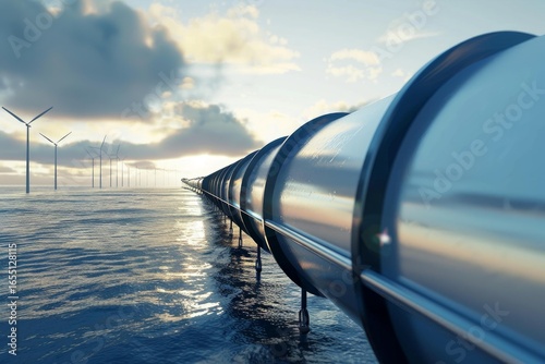 Metal pipeline transporting water or gas near offshore wind turbines, symbolizing sustainable energy and resource management