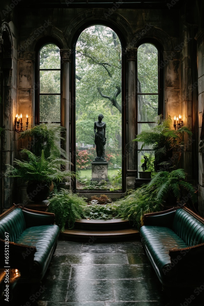 Fototapeta premium Mysterious gothic interior with tall arched windows, plants and candlelit pathway