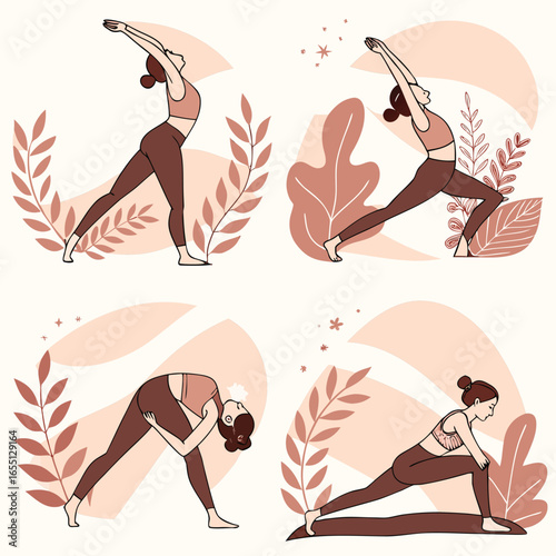 Four minimalist illustrations of a woman performing yoga poses with botanical elements vector