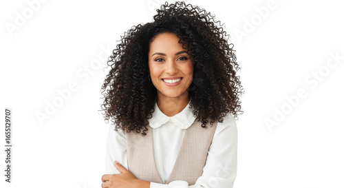 Smiling young woman with voluminous curly hair wearing a white shirt portrait transparent background