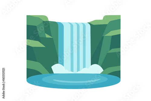 Majestic waterfall cascading into serene pool surrounded by lush green cliffs in a tranquil natural setting