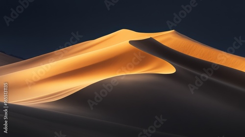 A stunning desert landscape showcasing golden sand dunes illuminated by soft light against a dark sky.