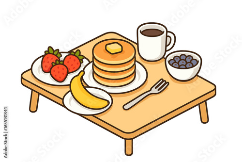 Delicious breakfast spread with pancakes, fruits, and coffee on a wooden table